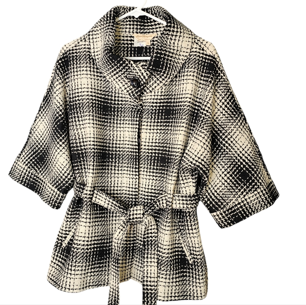 Norm Thompson Black Cream Wool Tweed Belted Cow Neck Jacket Size 16